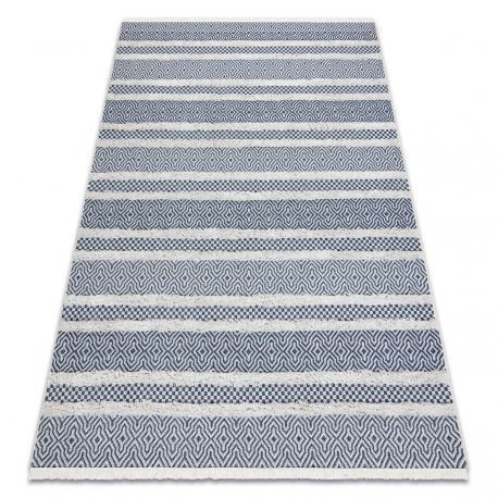 Tkaný sisalový koberec boho MOROC Čiary 22328 so strapcami - s dvomi dľžkami vlasu, - Krémový / tmavomodrý, recyklovaný koberec 136x190 cm