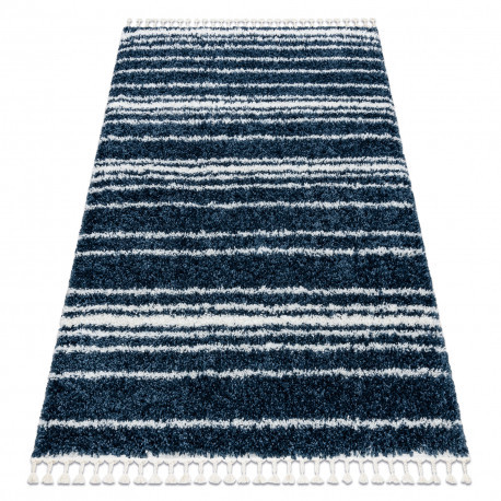 Koberec BERBER UNION 4080 Pruhovaný modrý / Krémový so strapcami shaggy 140x190 cm