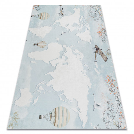BAMBINO 1163 prateľný koberec Mapa sveta pre deti protišmykový - modrý 80x150 cm