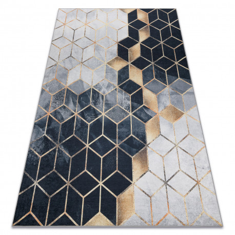 ANDRE 1171 prateľný koberec Kocky, Geometrické tvary - protišmykový - čierny / zlatý 80x150 cm
