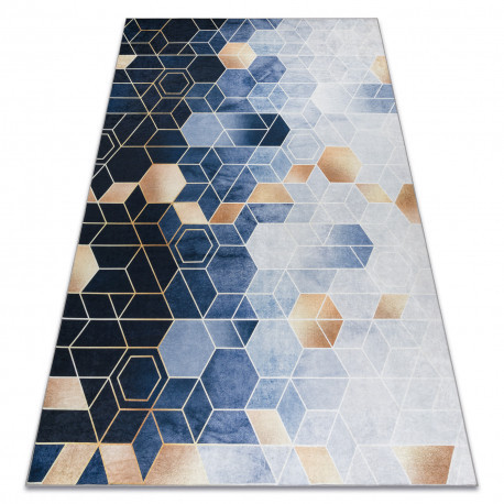 ANDRE 1216 prateľný koberec Kocky, Geometrické tvary - protišmykový - modrý 80x150 cm